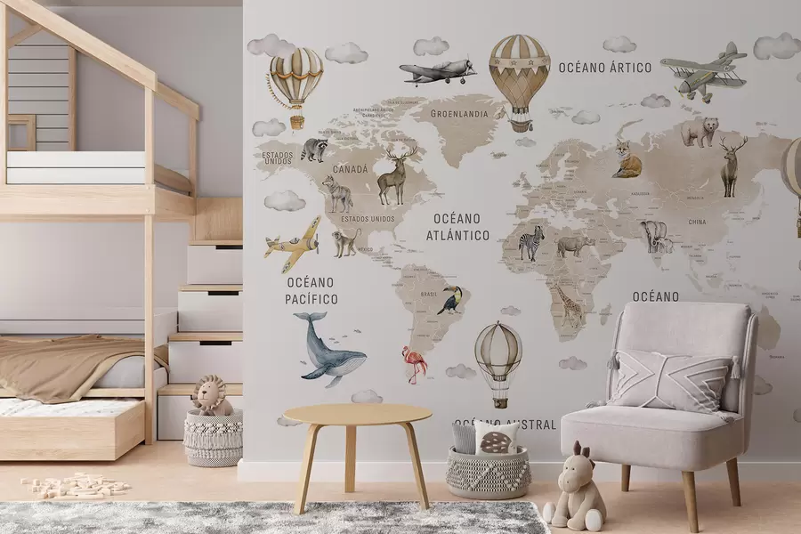 Fotobehang Kinderkaart in aquarelstijl met dieren en heteluchtballonnen. Spaanse taal. Beige kleur. c00001esv2