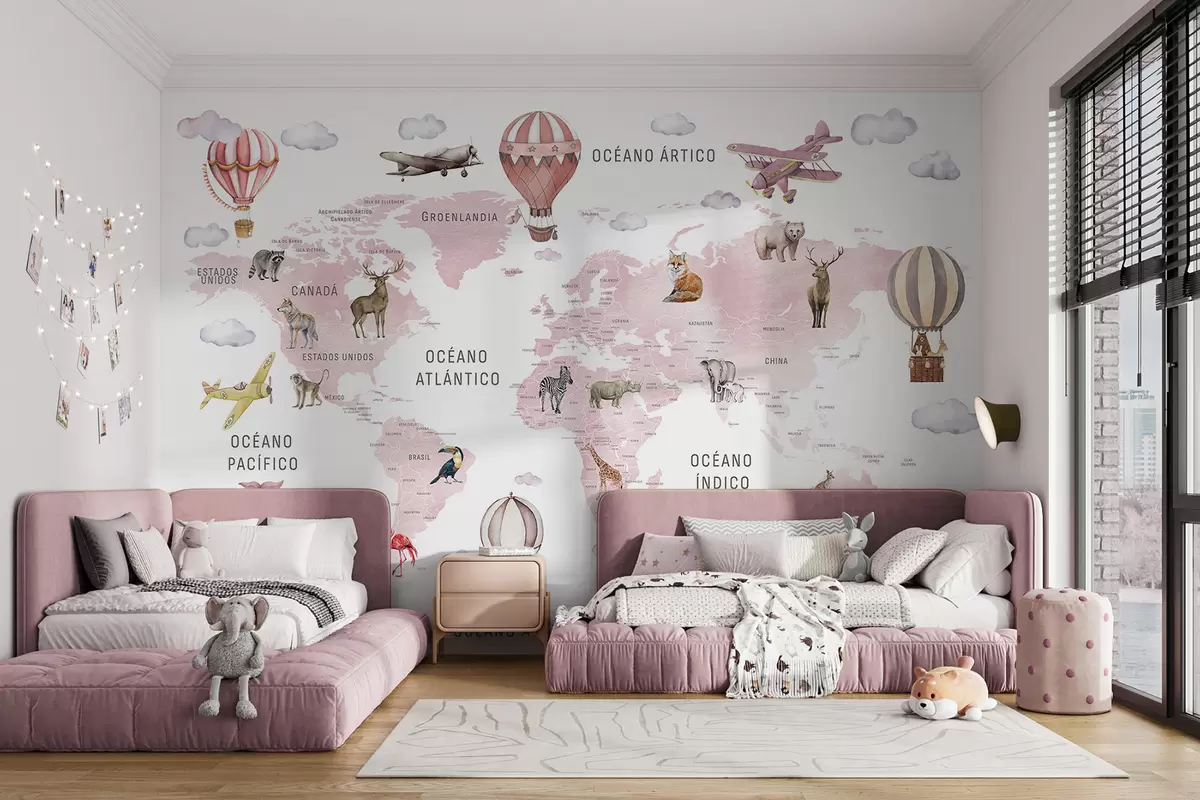 Fotobehang Kinderkaart in aquarelstijl met dieren en heteluchtballonnen. Spaanse taal. Roze kleur. c00001esv3