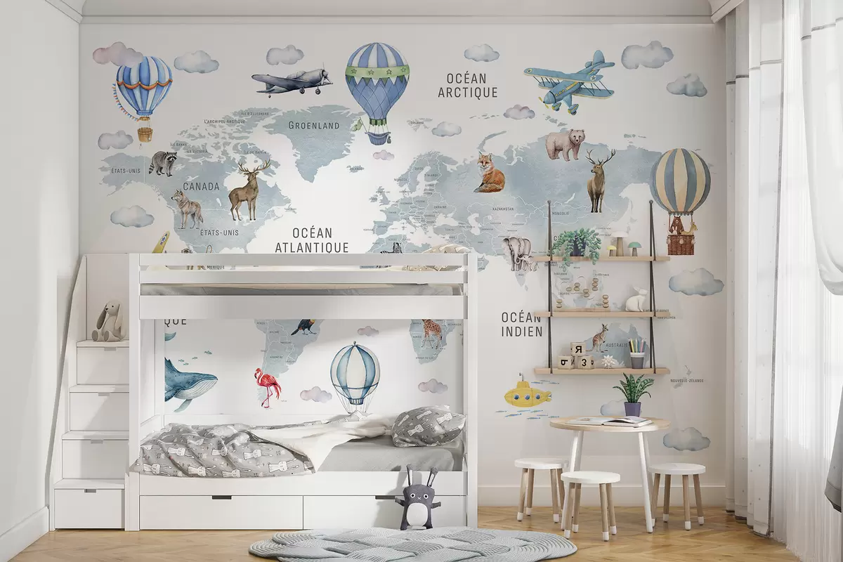 Fotobehang Kinderkaart in aquarelstijl met dieren en heteluchtballonnen. Franse taal. Blauwe kleur. c00001frv1