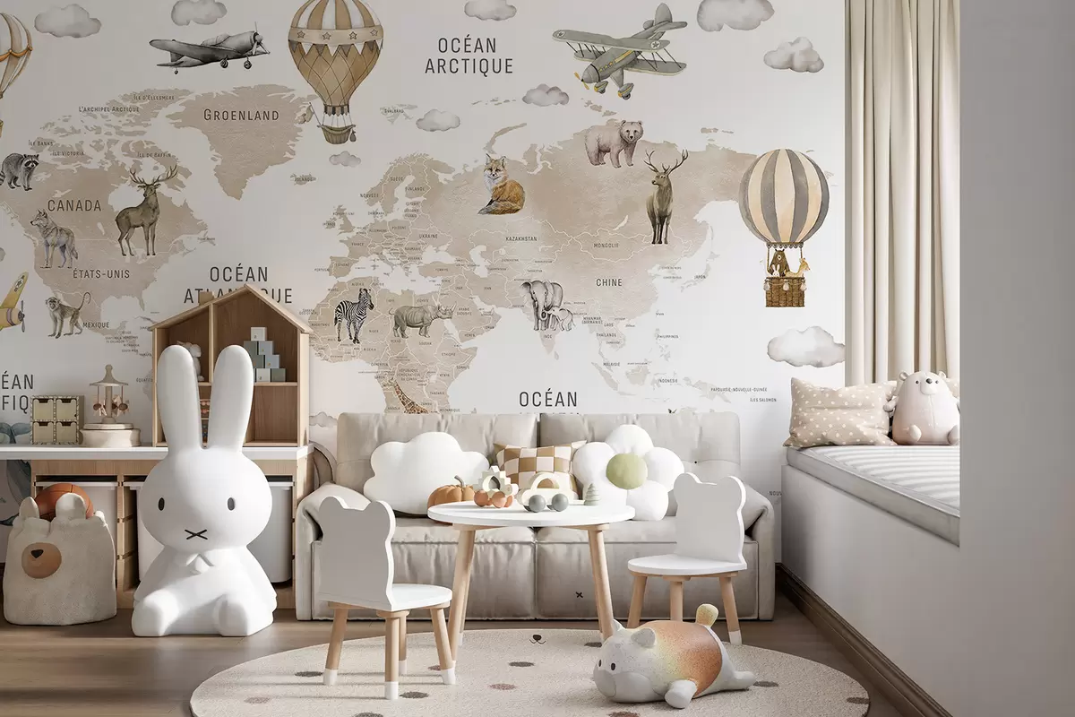 Fotobehang Kinderkaart in aquarelstijl met dieren en heteluchtballonnen. Franstalig. Beige kleur. c00001frv2