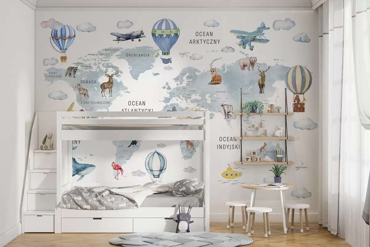 Fotobehang Kinderkaart in aquarelstijl met dieren en heteluchtballonnen. Poolse taal. Blauwe kleur. c00001plv1