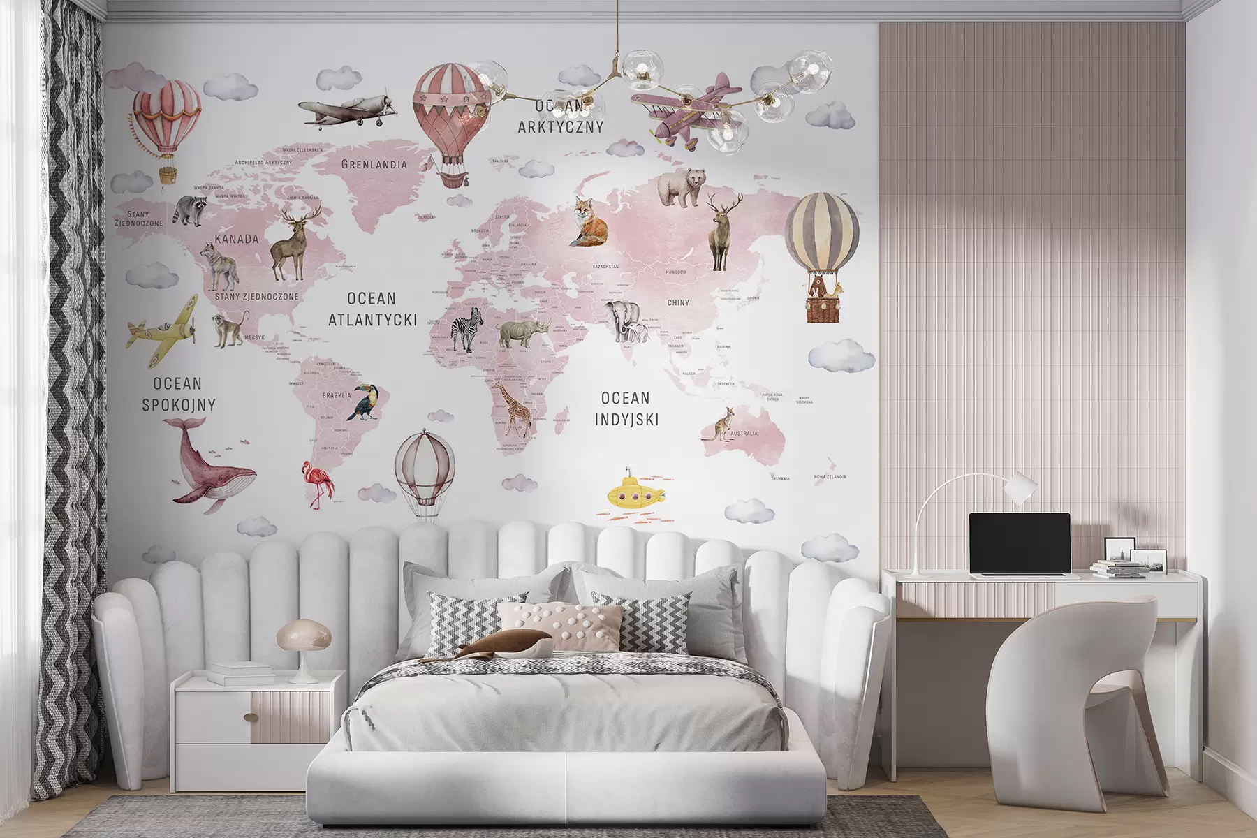 Fotobehang Waterverfachtige kaart voor kinderen met dieren en heteluchtballonnen. Poolse taal. Roze kleur. c00001plv3