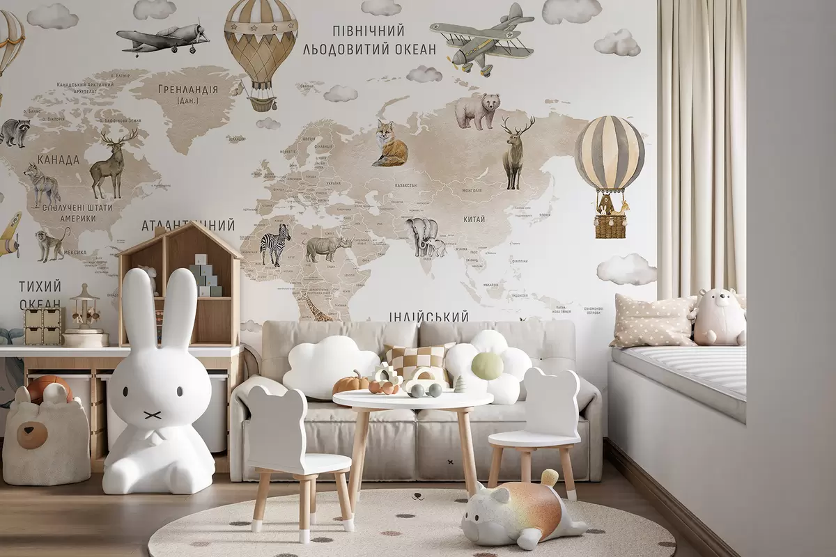 Fotobehang Kinderkaart in aquarelstijl met dieren en heteluchtballonnen. Oekraïense taal. Beige kleur. c00001ukv2