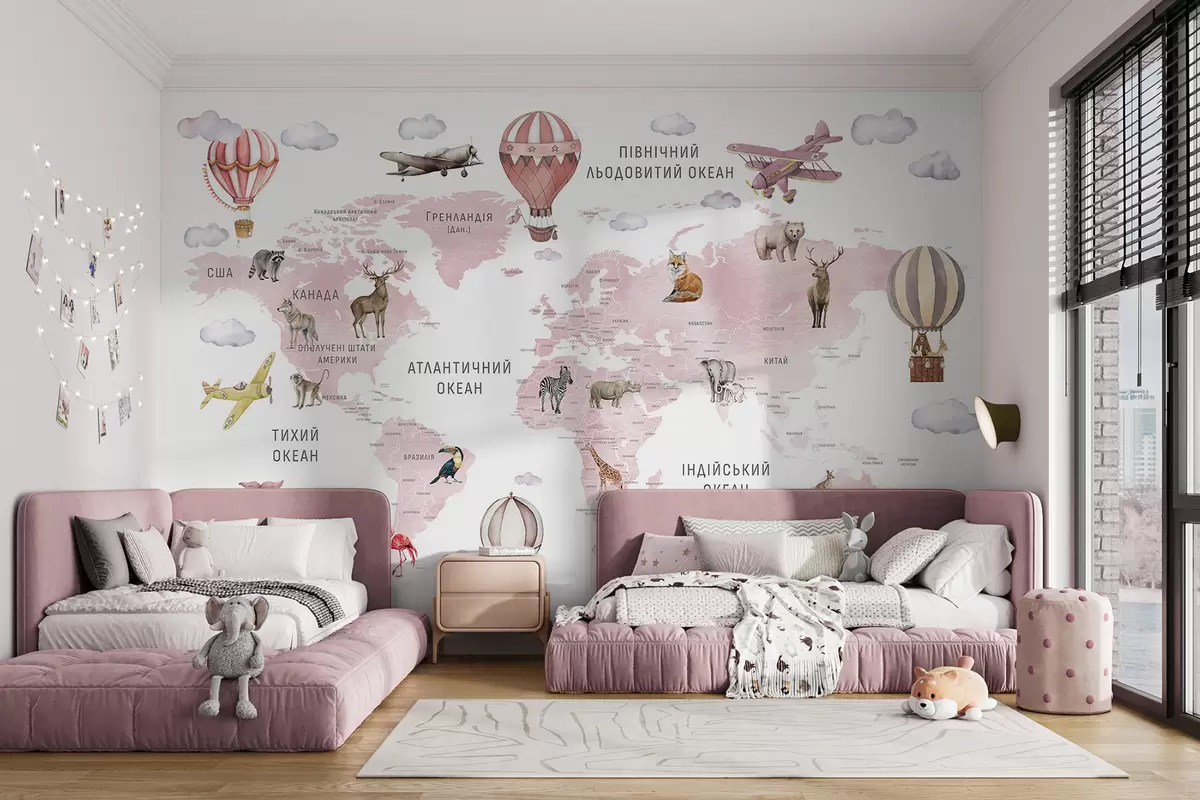 Fotobehang Kinderkaart in aquarelstijl met dieren en heteluchtballonnen. Oekraïense taal. Roze kleur. c00001ukv3