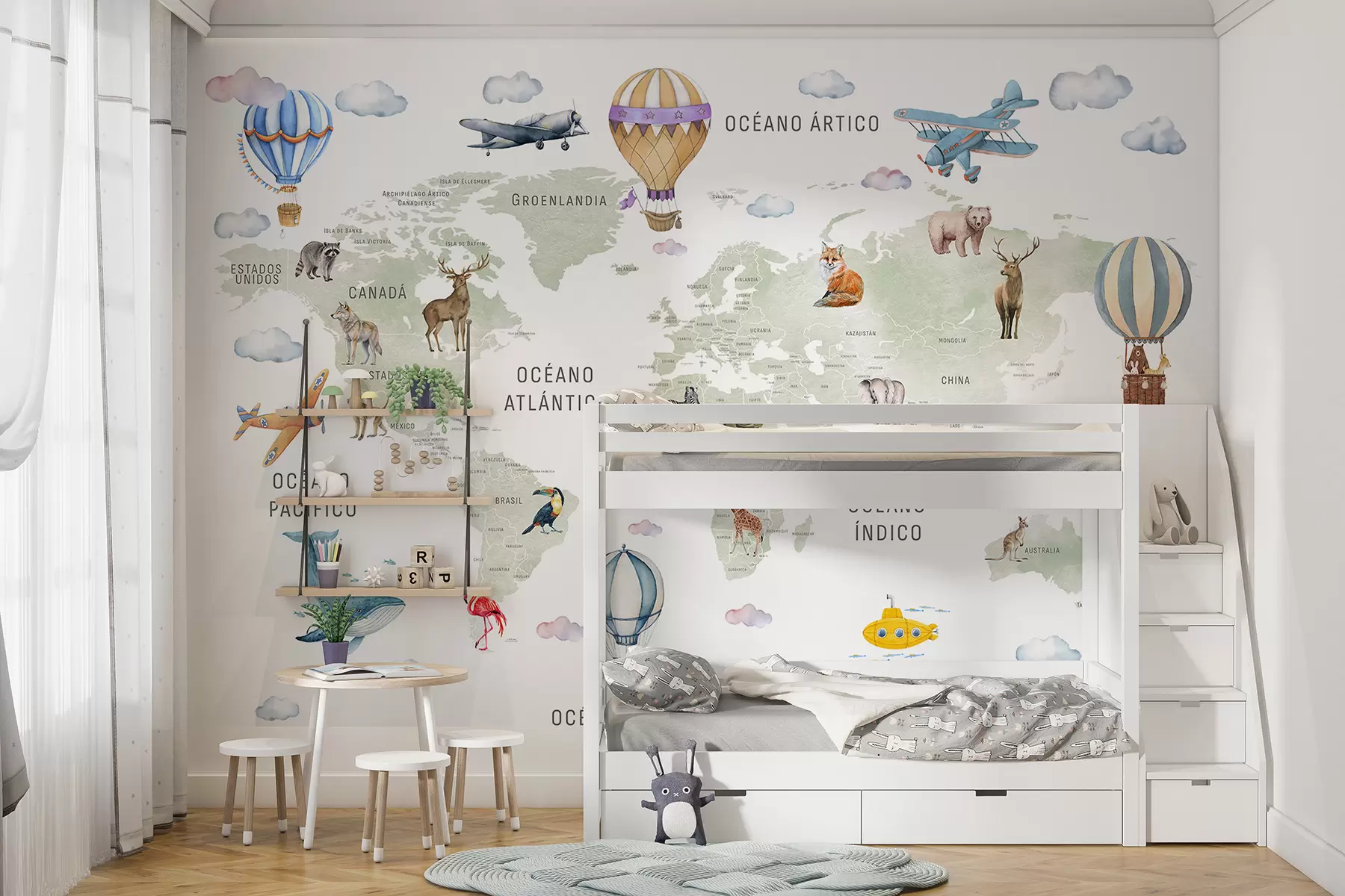 Fotobehang Waterverfachtige kaart voor kinderen met dieren en heteluchtballonnen. Taal: Spaans. Groene kleur. c00001es