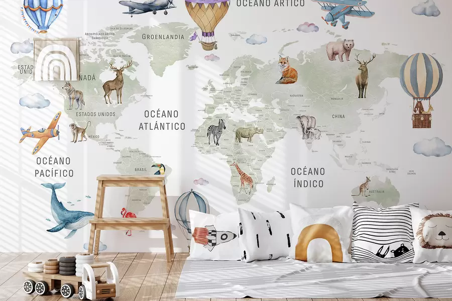 Fotobehang Kinderkaart in aquarelstijl met dieren en heteluchtballonnen. Spaanse taal. Groene kleur. c00001es