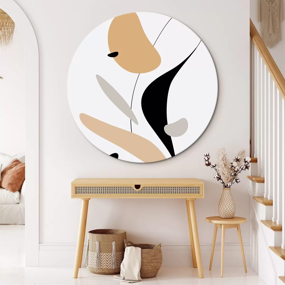 Ronde schilderijen Abstracte compositie met vlekken en lijnen r46350