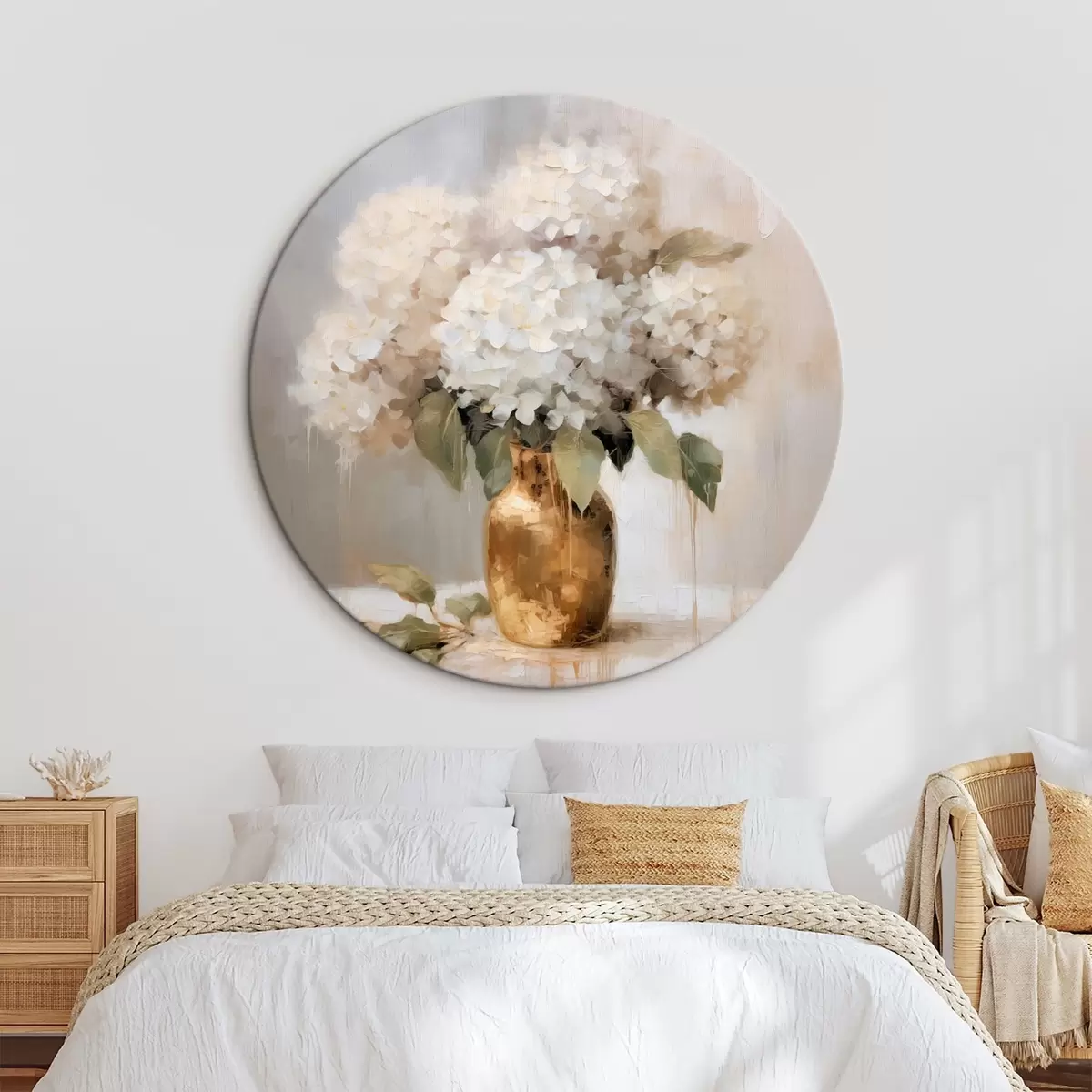 Ronde schilderijen Delicaat boeket hortensia's in een vaas r46263