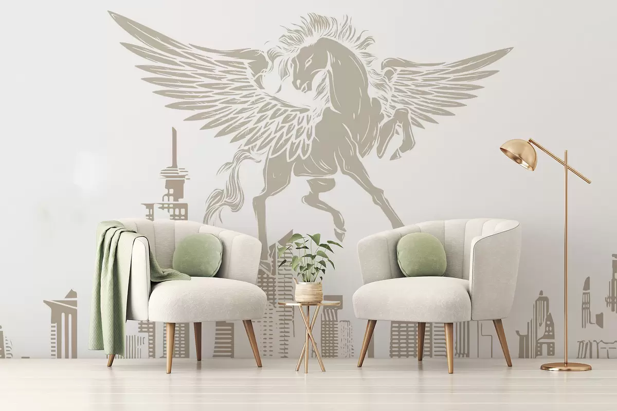 Fotobehang Pegasus boven de stad w04777v1