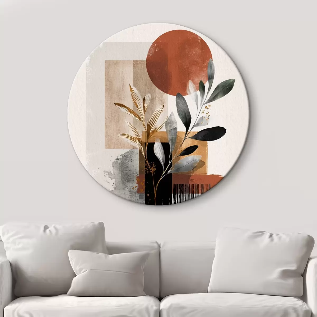 Ronde schilderijen Geometrie en bladeren abstractie r46388