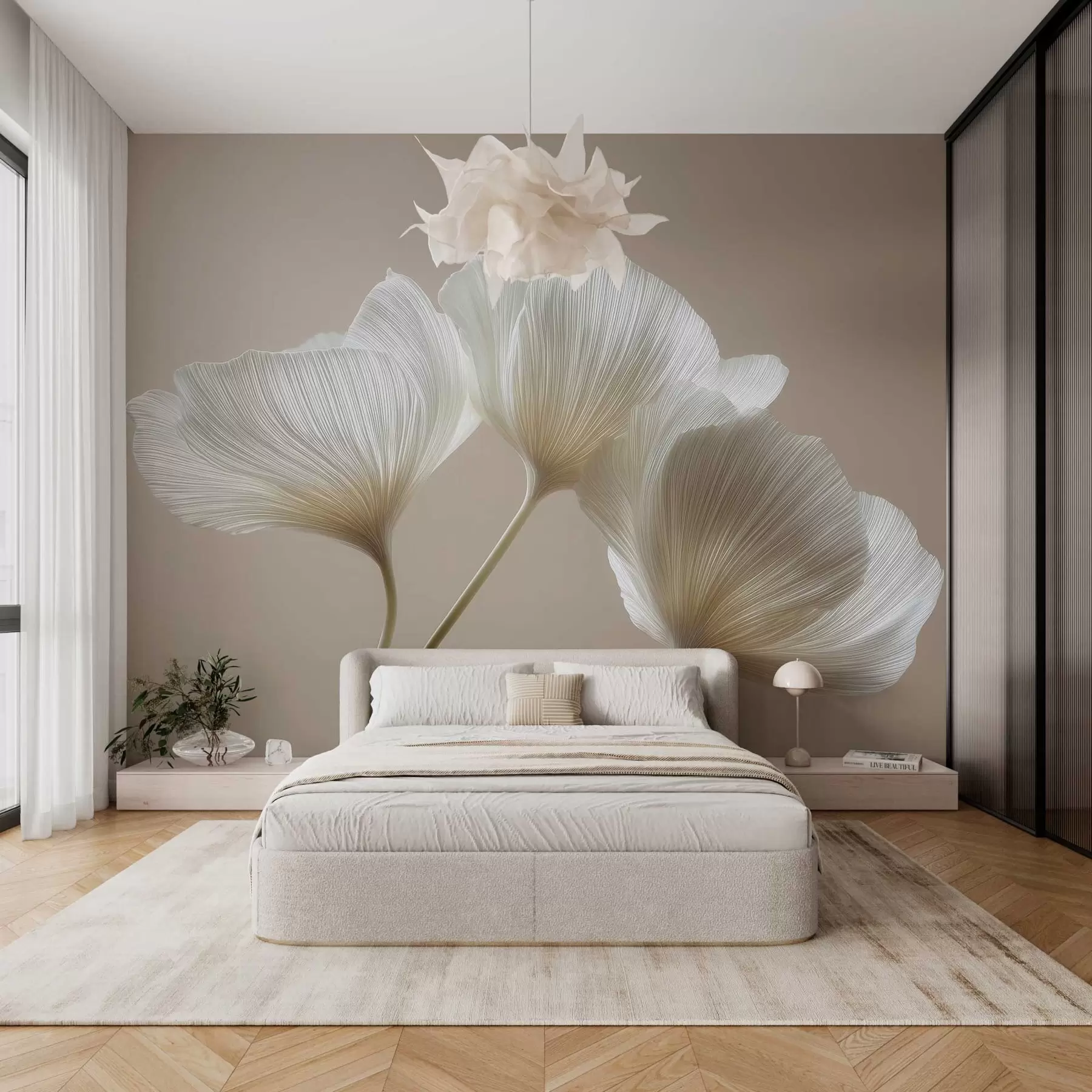 Fotobehang drie delicate bloemen op een beige achtergrond w04810