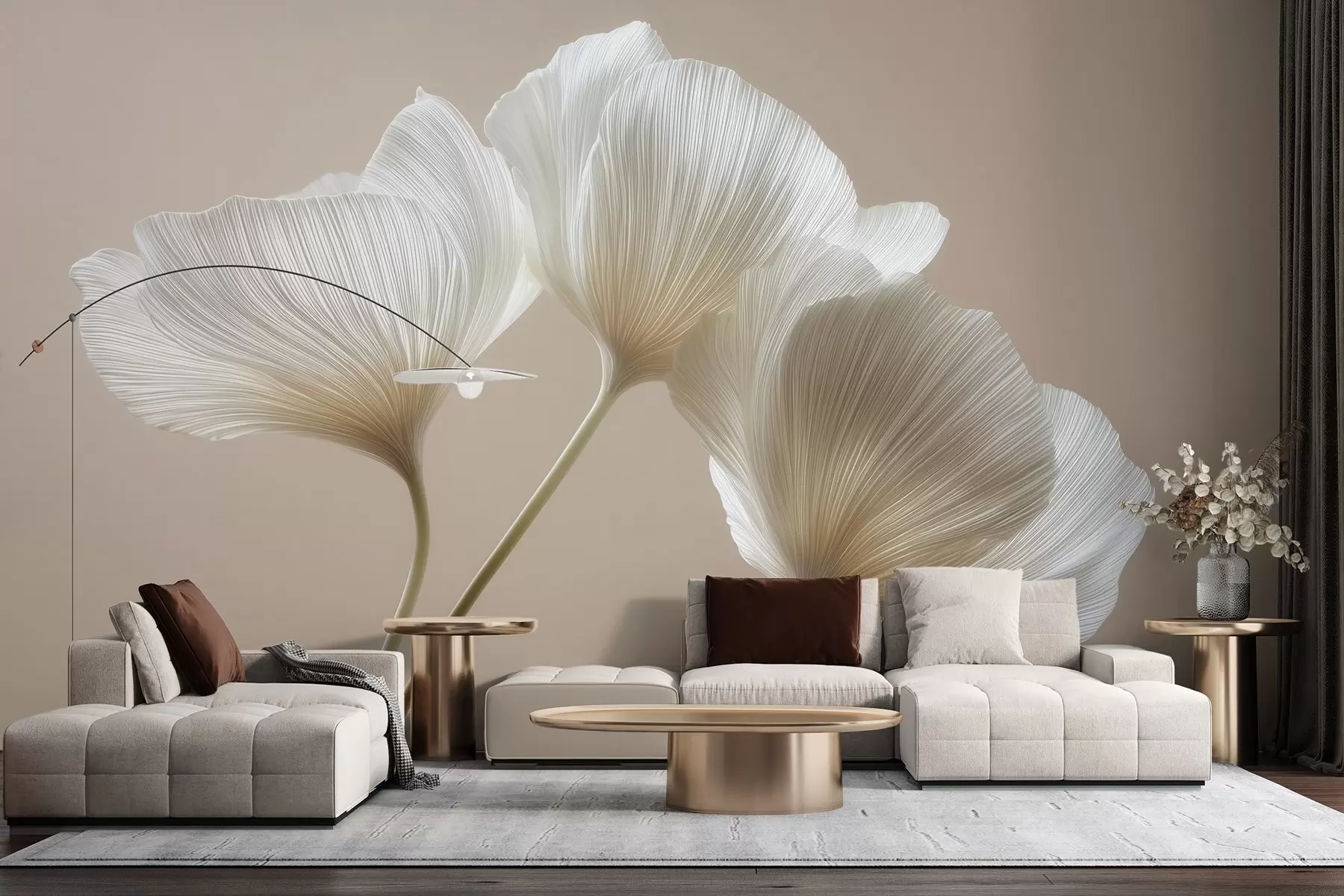 Fotobehang drie delicate bloemen op een beige achtergrond w04810