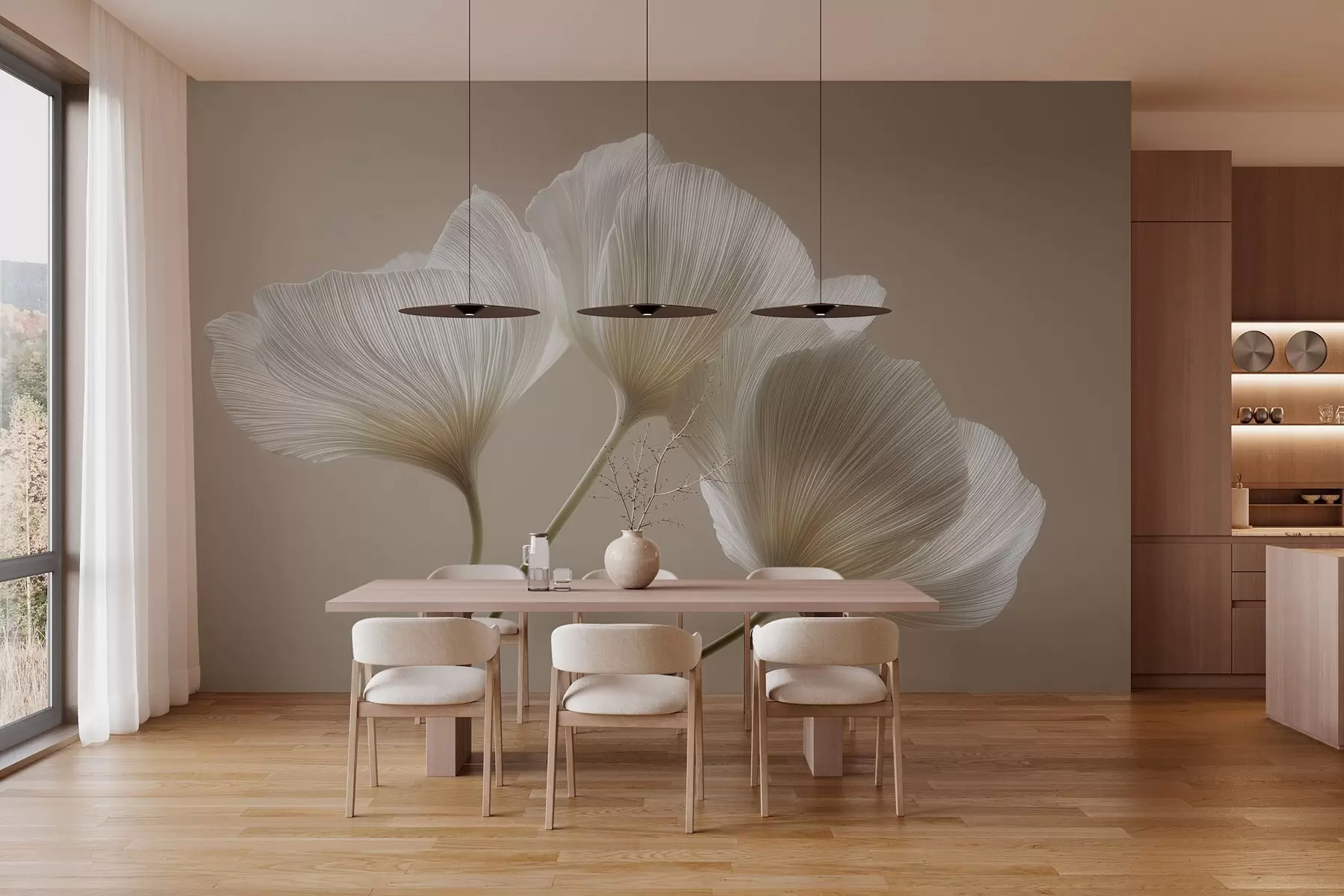 Fotobehang drie delicate bloemen op een beige achtergrond w04810