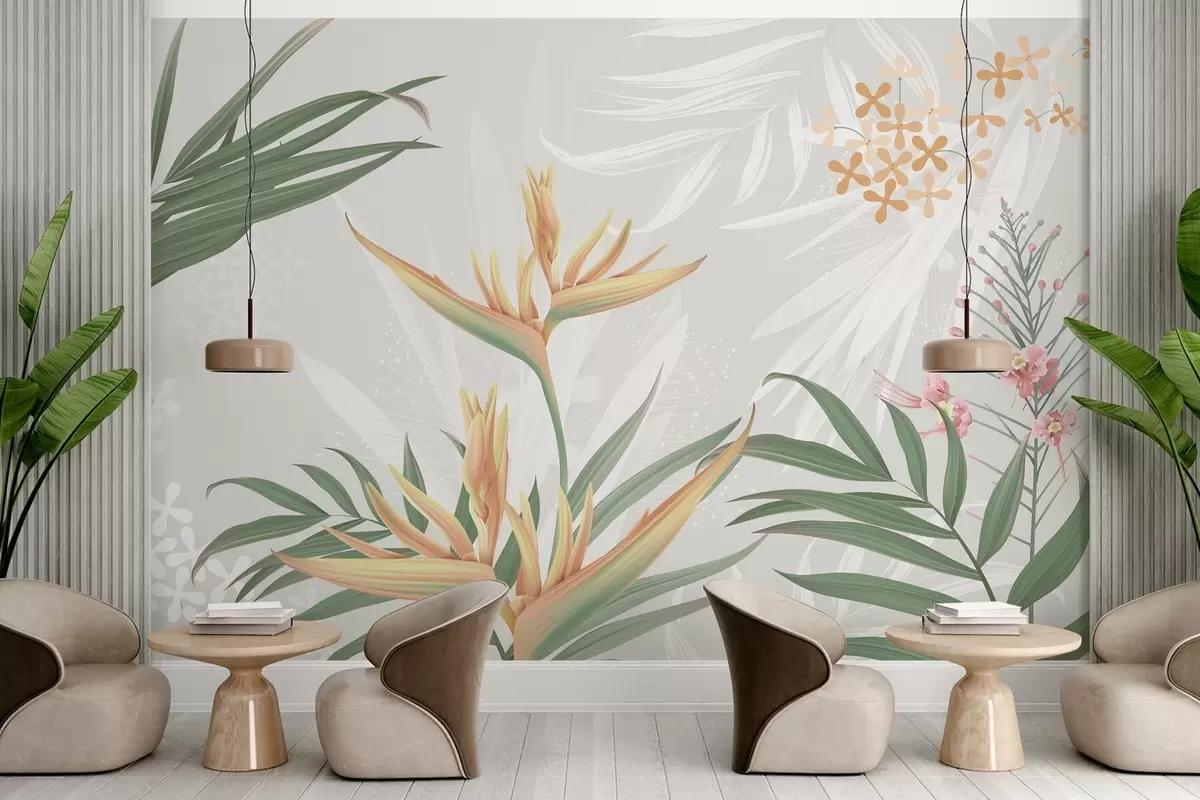 Fotobehang Exotische Strelitzia-bloemen in gebladerte w04783