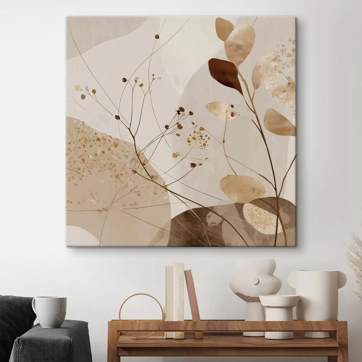  Schilderijen Abstracte vormen en plantmotieven in beige tinten s46309