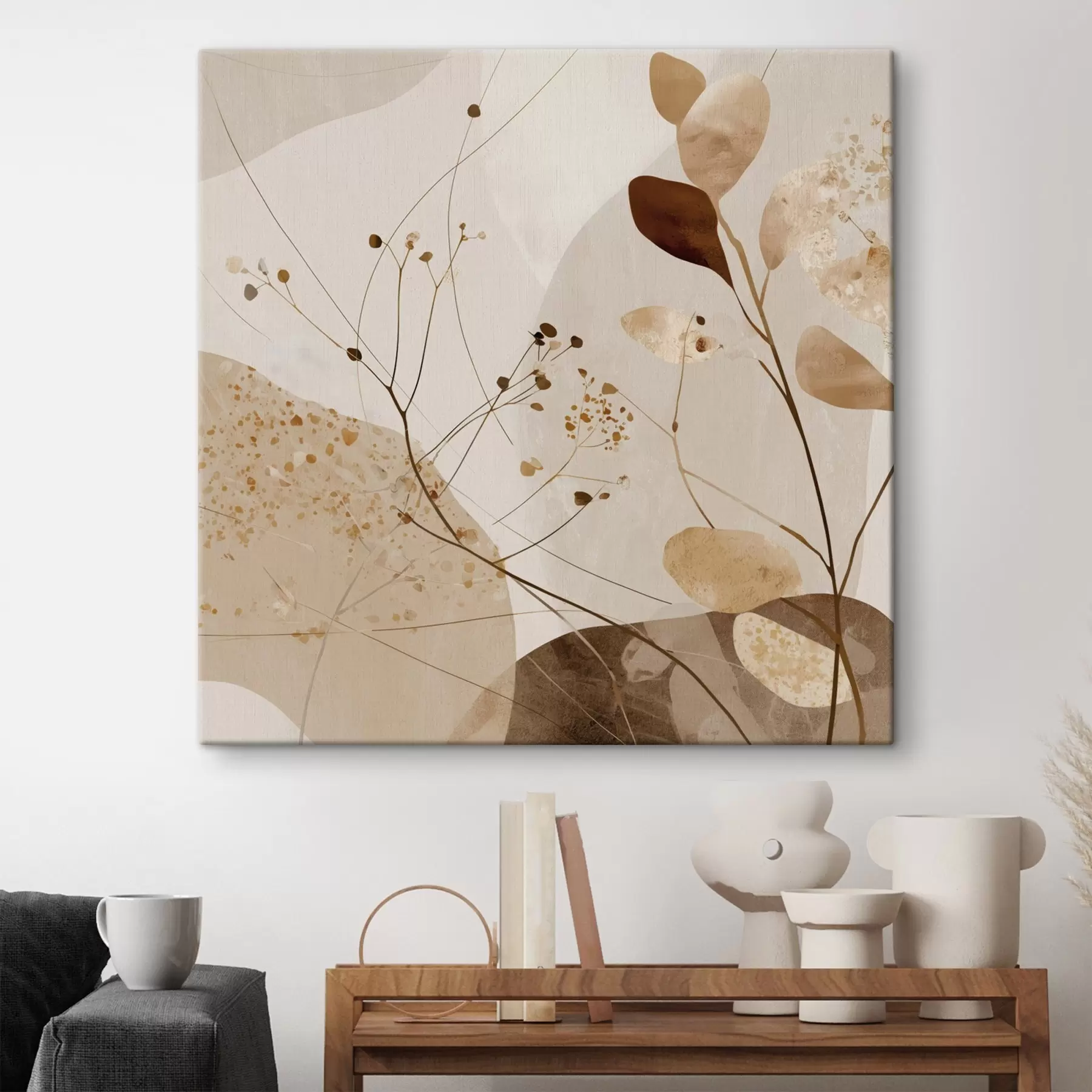 Schilderijen Abstracte vormen en plantmotieven in beige tinten s46309  Schilderijen Abstracte vormen en plantmotieven in beige tinten s46309