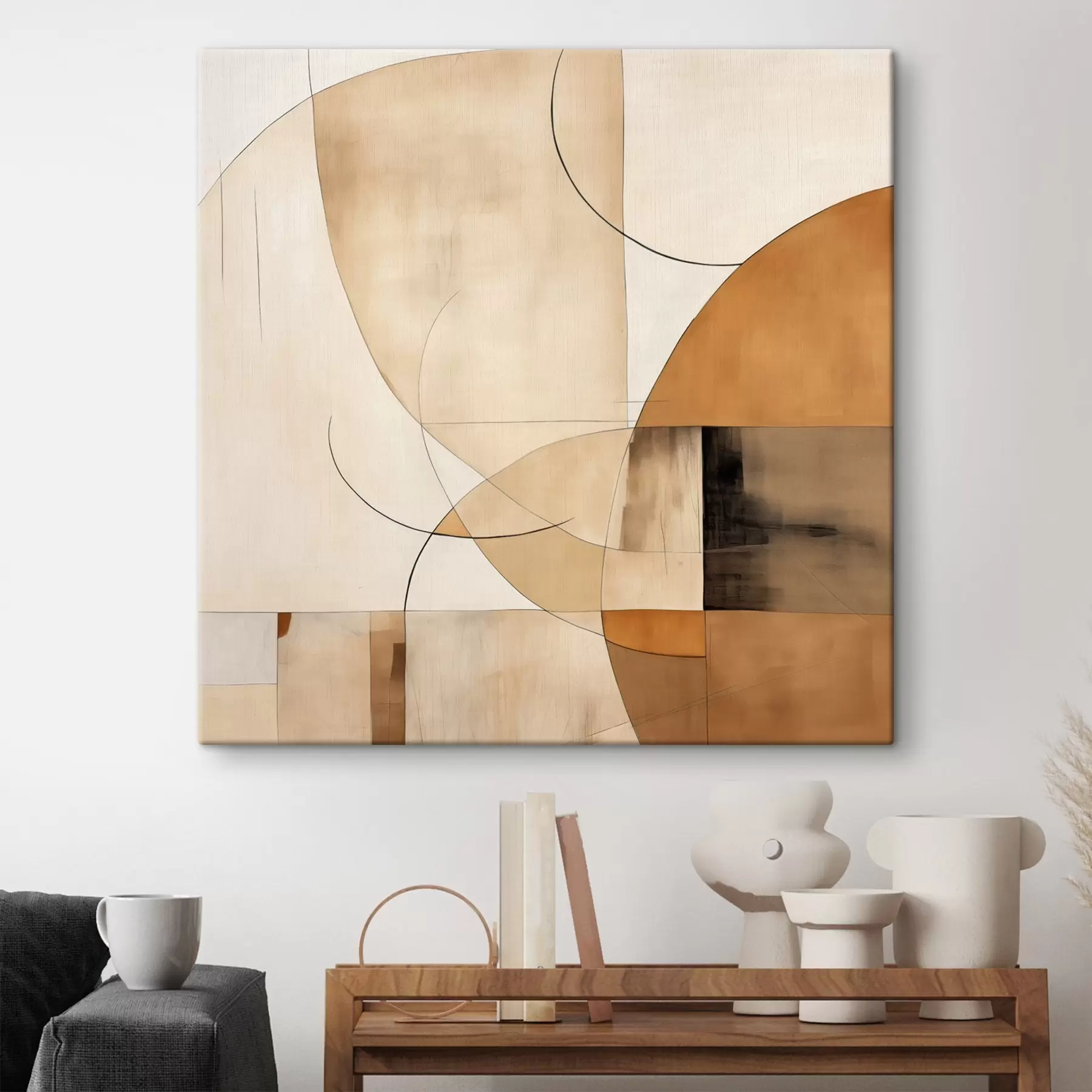  Schilderijen Geometrische abstractie met gebogen lijnen en beige tinten s46320