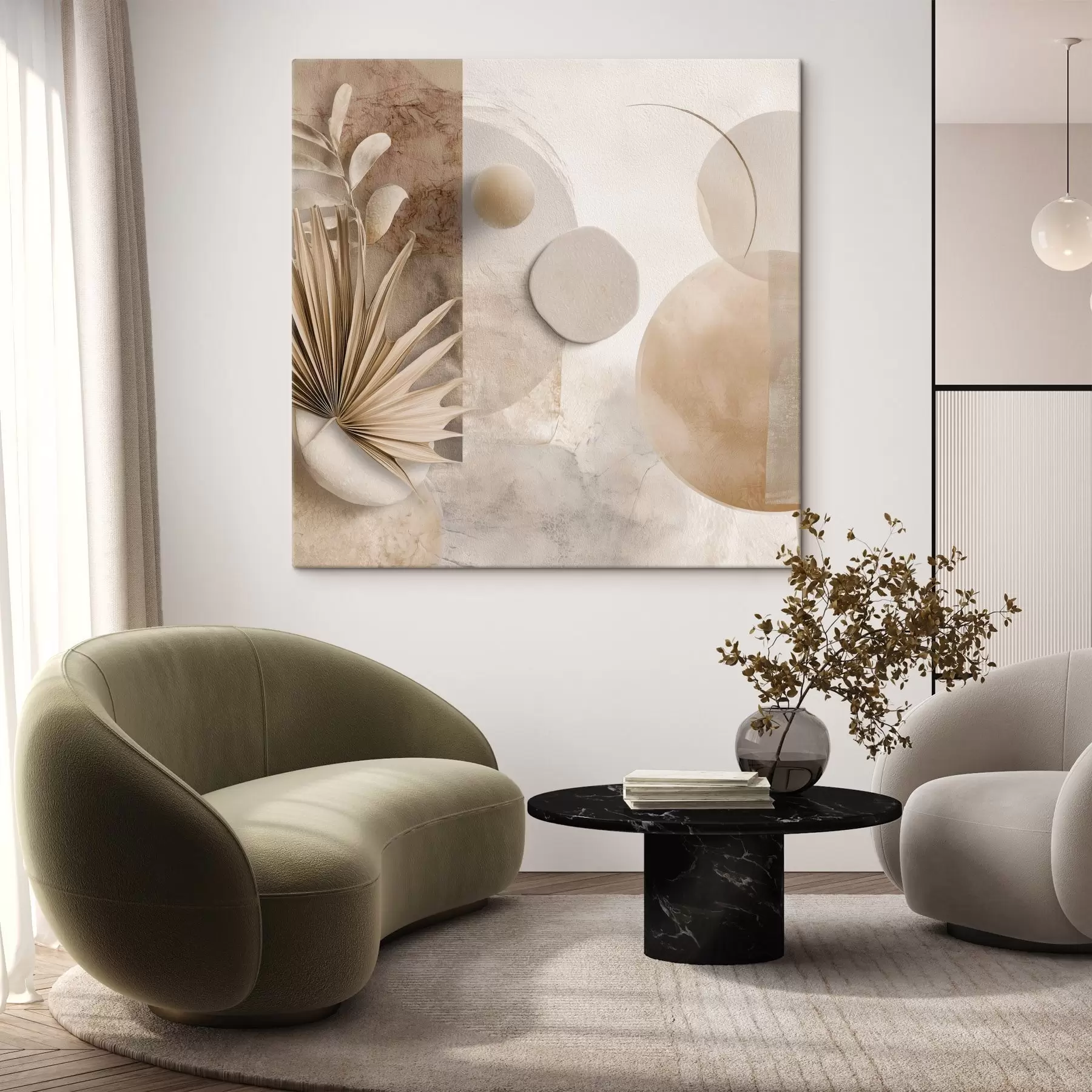 Schilderijen Gedroogde palmbladeren en 3D-cirkels in beige tinten s46310  Schilderijen Gedroogde palmbladeren en 3D-cirkels in beige tinten s46310