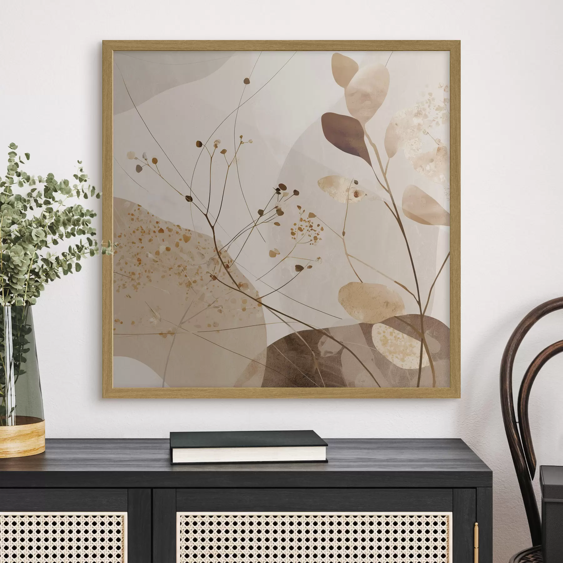 Fotobehang Abstracte vormen en plantmotieven in beige tinten f46309