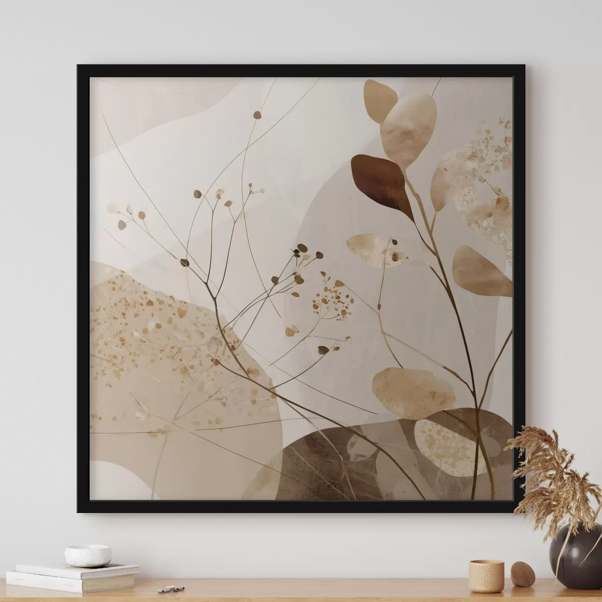 Poster Abstracte vormen en plantmotieven in beige tinten f46309