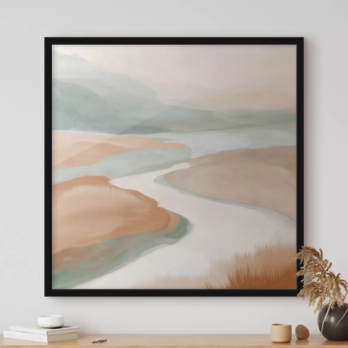 Poster Abstract landschap met een rivier in oranje en groen f46316
