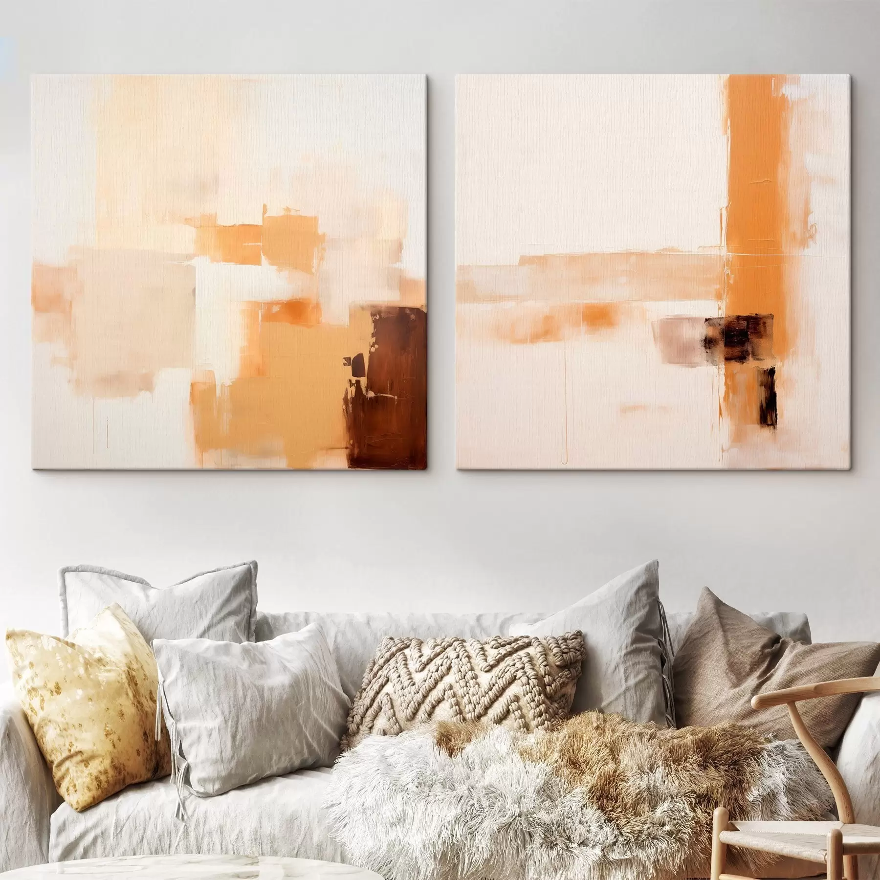  Schilderijen Abstracte tweedelige compositie in beige en bruin m00891