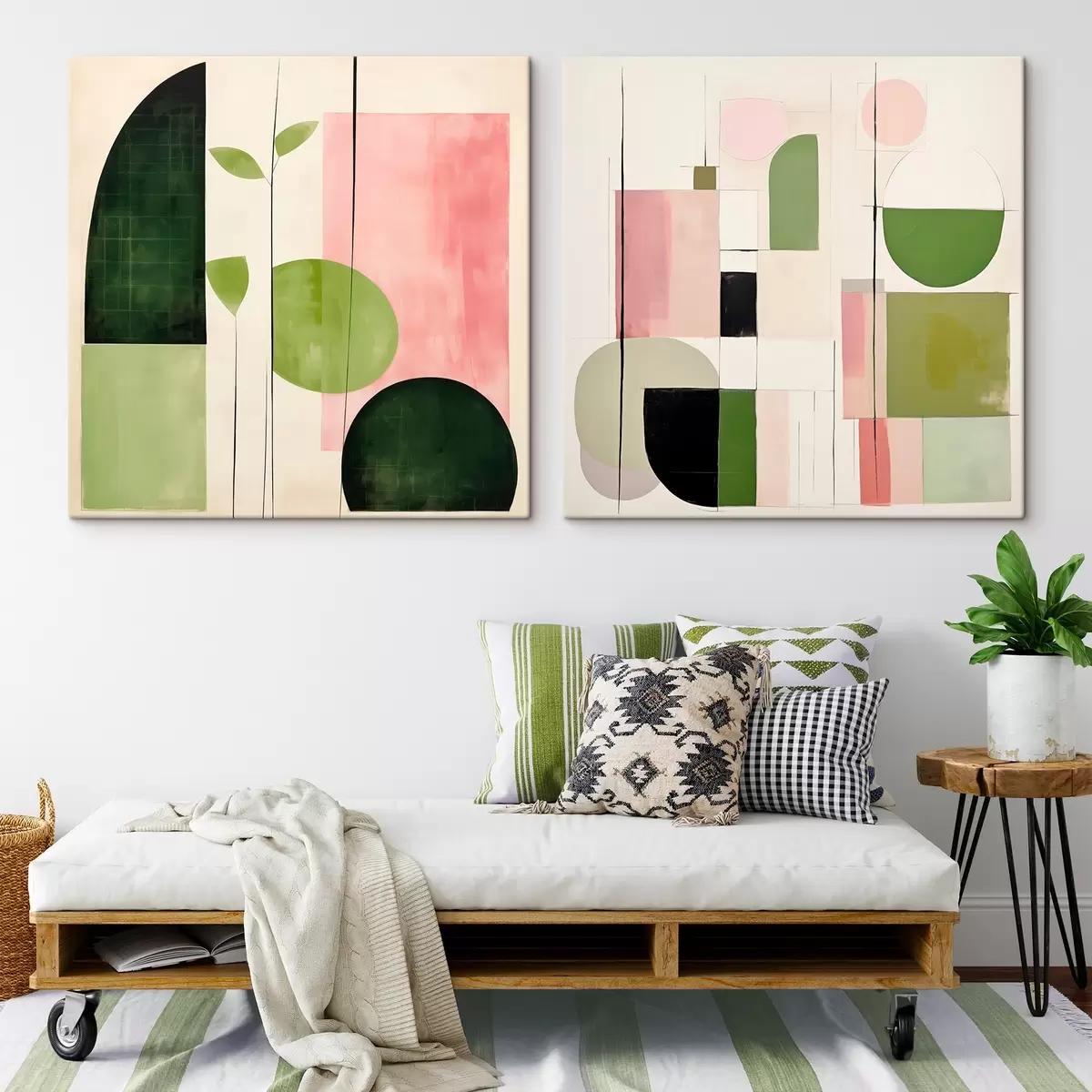 Schilderijen Minimalistisch tweeluik met gestileerde flora en geometrie m00894