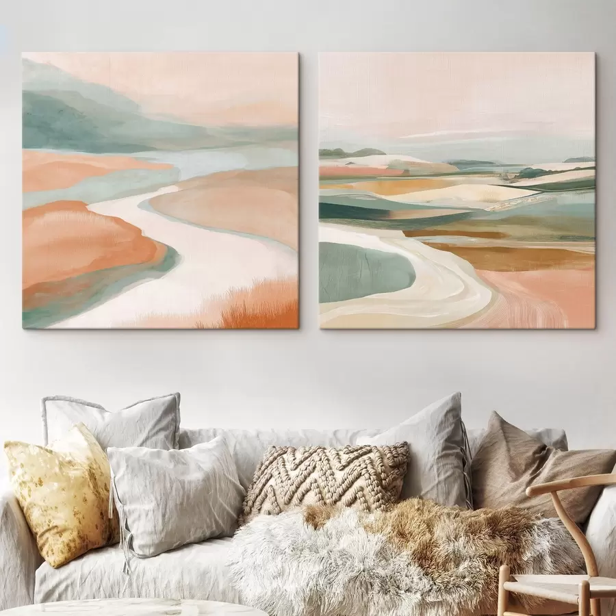  Schilderijen Abstracte heuvels en rivier in pastelkleuren m00896