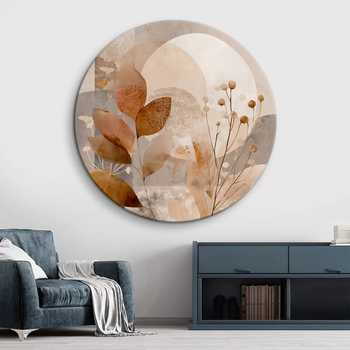 Ronde schilderijen Bloemenpatroon in beige en bruin r46308