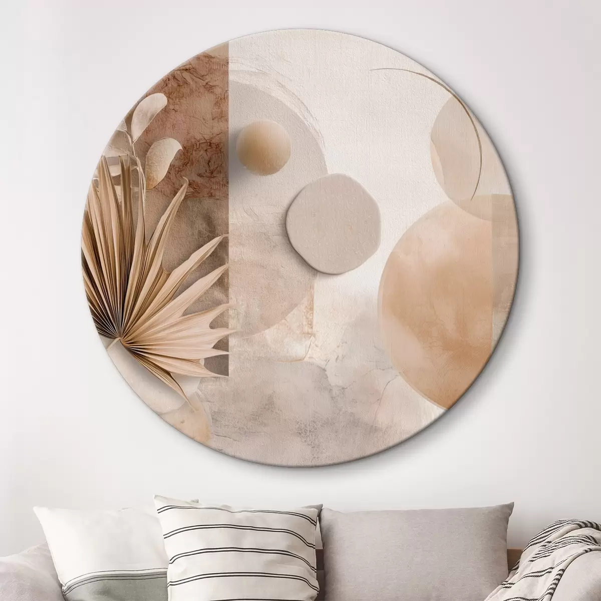 Ronde schilderijen Gedroogde palmbladeren en 3D-cirkels in beige tinten r46310