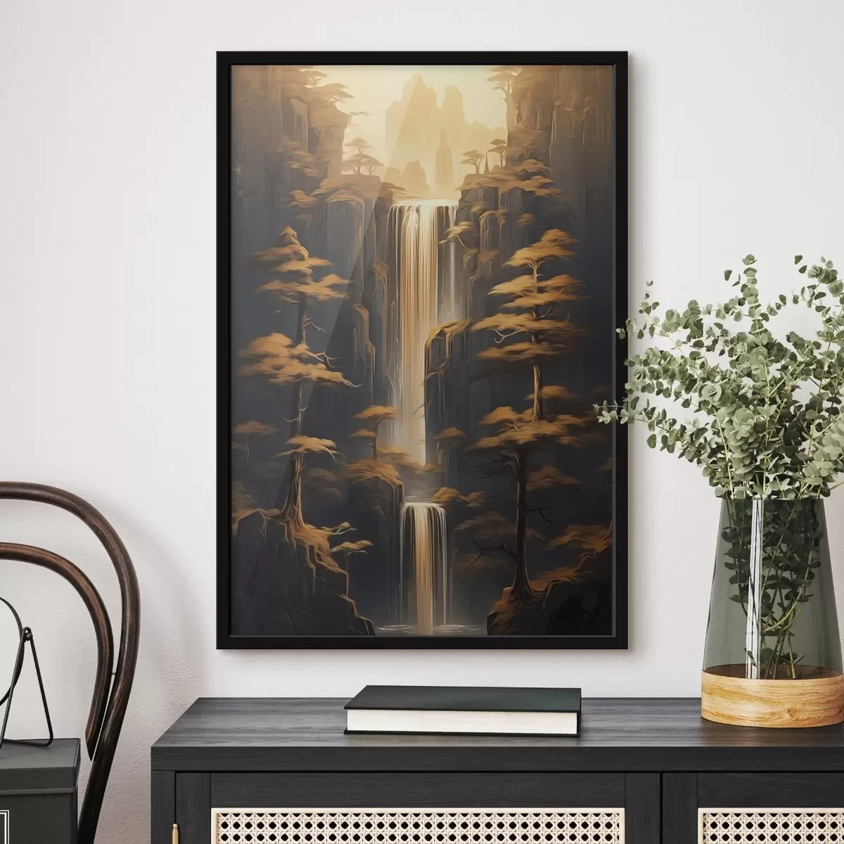 Poster Hoge kliffen met een waterval en dennenbomen in het avondlicht f46151