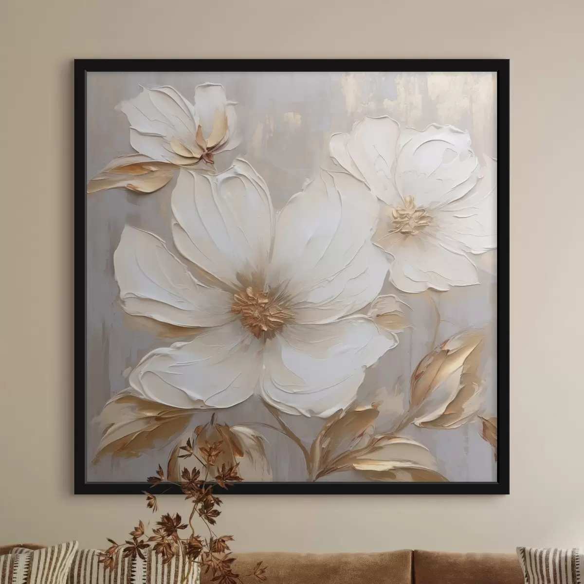 Poster Grote bloemen met textuur en verfstreken in warme kleuren f46176