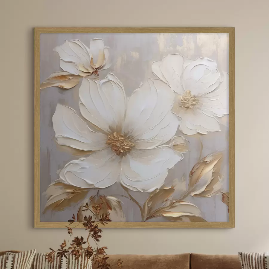 Fotobehang Grote bloemen met textuur en verfstreken in warme kleuren f46176