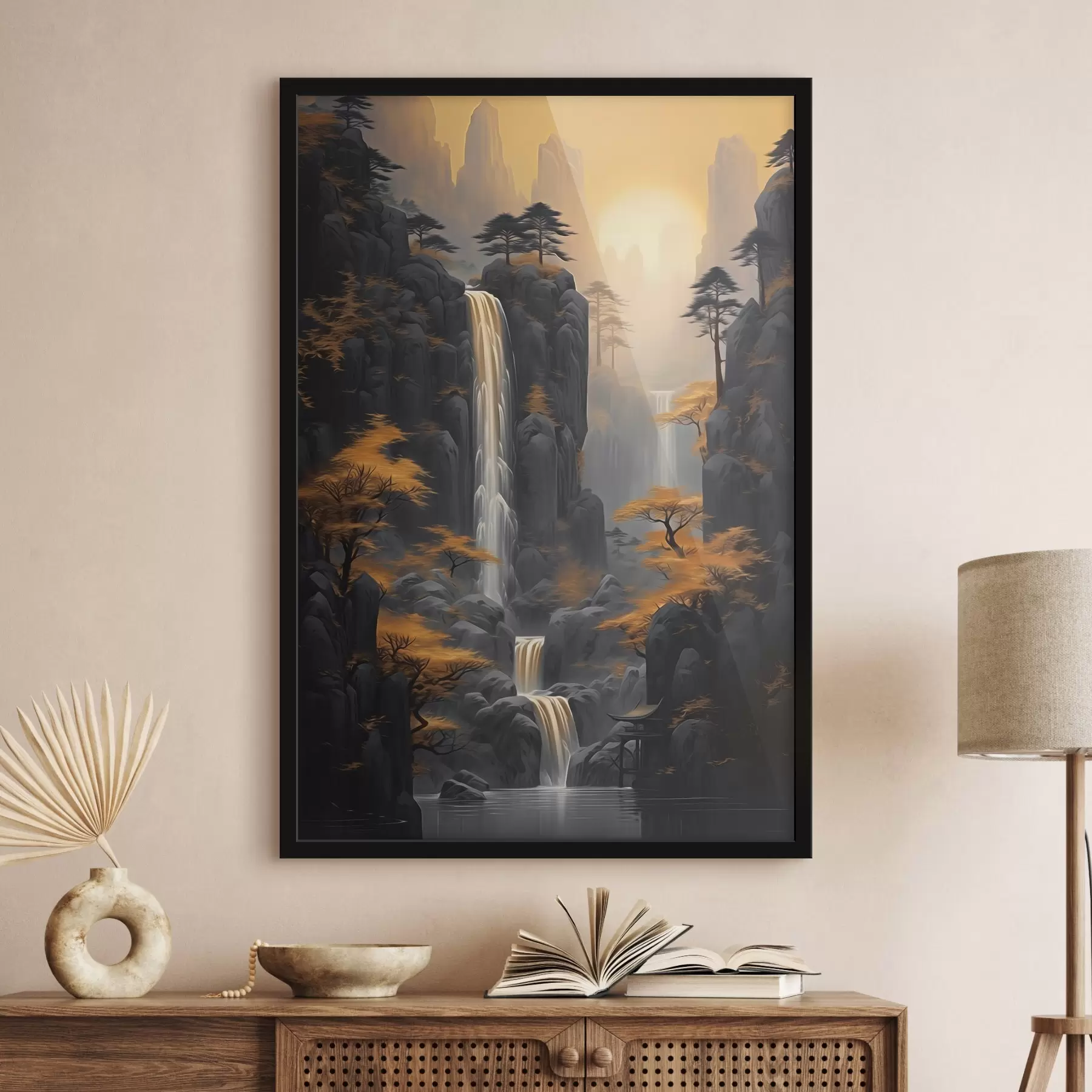 Fotobehang Rotsachtig landschap met een waterval in warme zonsondergangtinten f46177