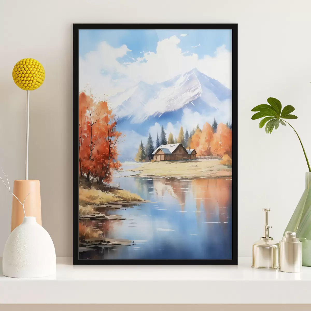 Poster Herfstlandschap aan het meer met een huis en bergen f46184