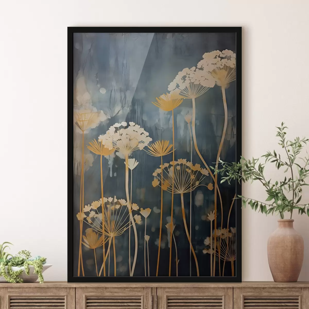 Poster Gestileerde bloemen met dunne stelen op een donkere achtergrond f46188