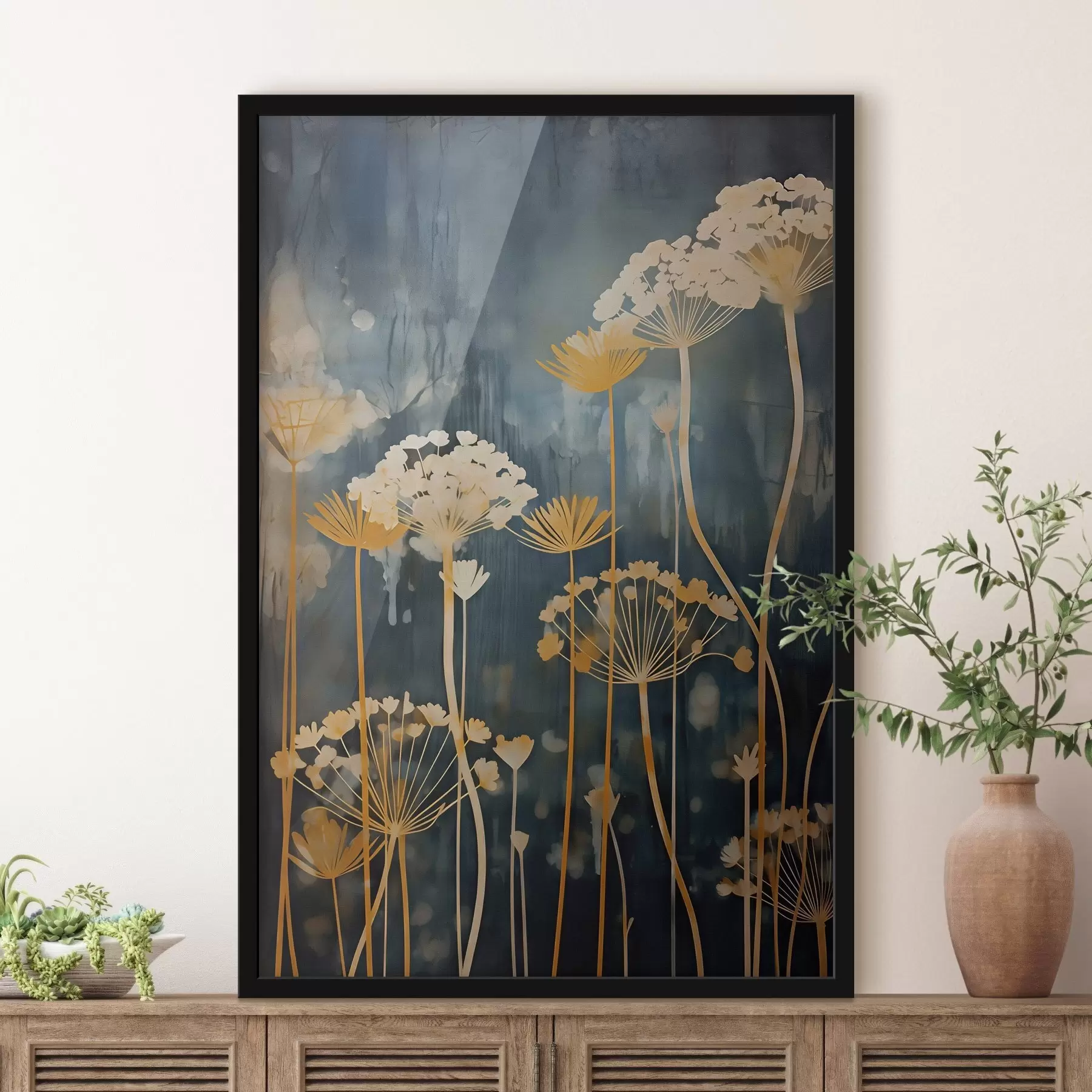 Fotobehang Gestileerde bloemen met dunne stelen op een donkere achtergrond f46188