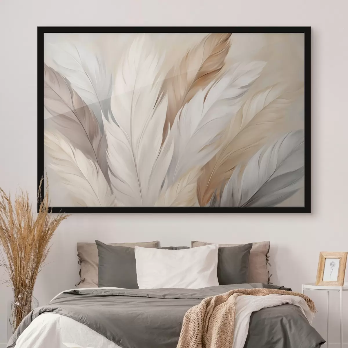 Poster Zachte veren in beige en grijstinten f46190