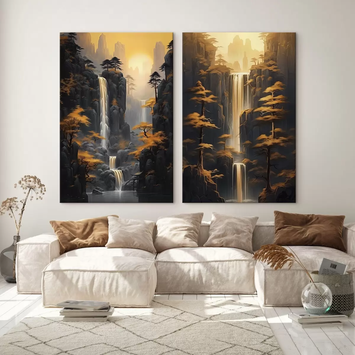  Schilderijen Landschap met waterval en bergen in gouden licht m00928