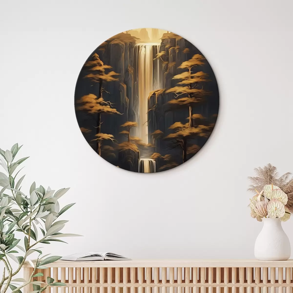 Ronde schilderijen Hoge kliffen met een waterval en dennenbomen in het avondlicht r46151