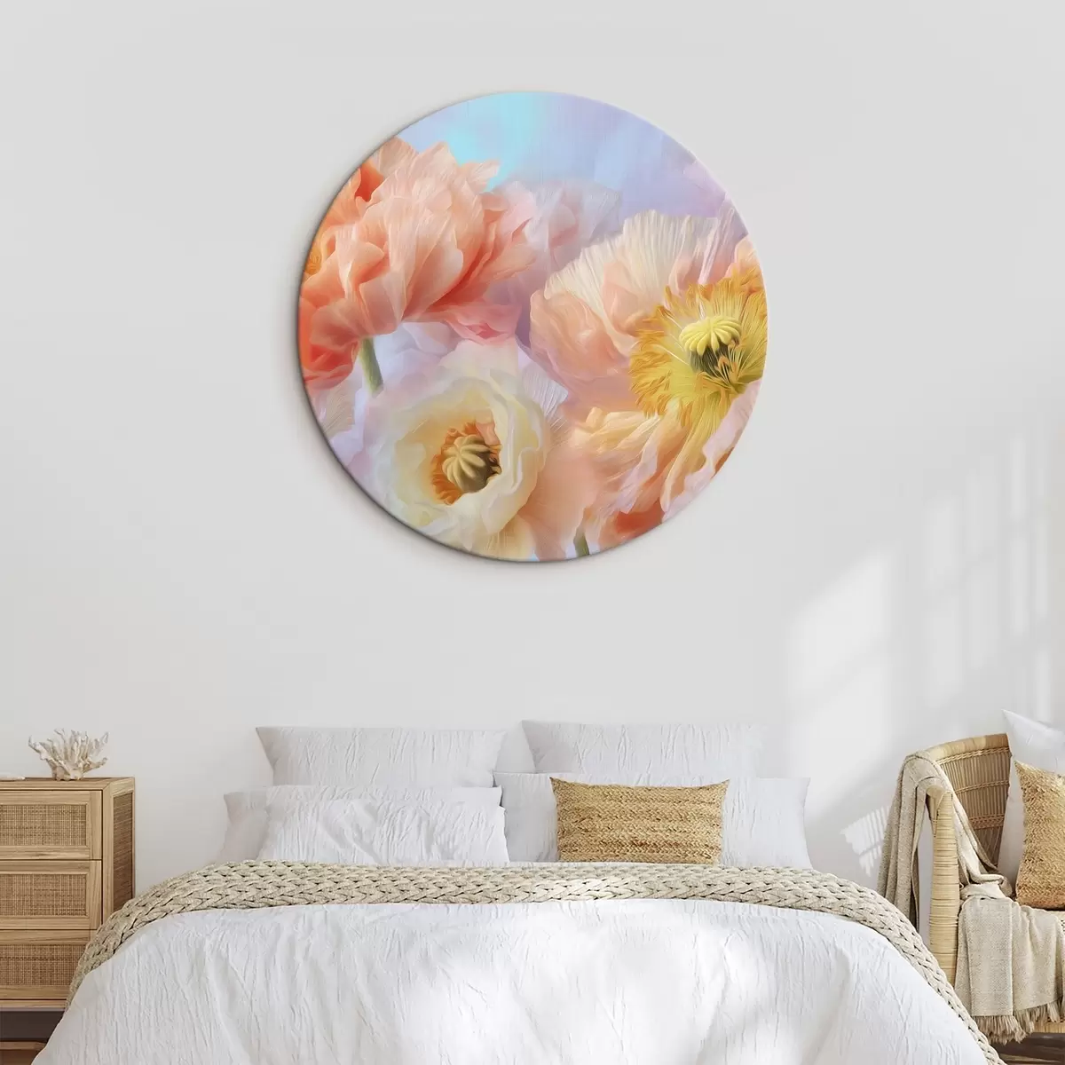 Ronde schilderijen Delicate bloemen in pasteltinten met zachte verlichting r46160