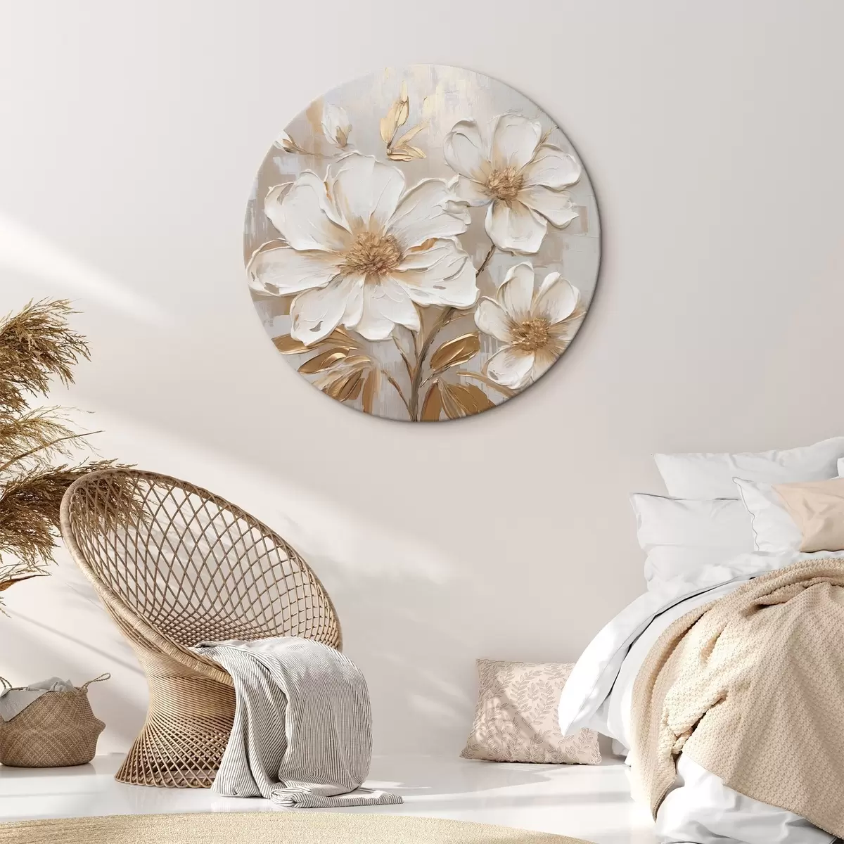 Ronde schilderijen Getextureerde bloemen op een lichte achtergrond met warme tinten r46166