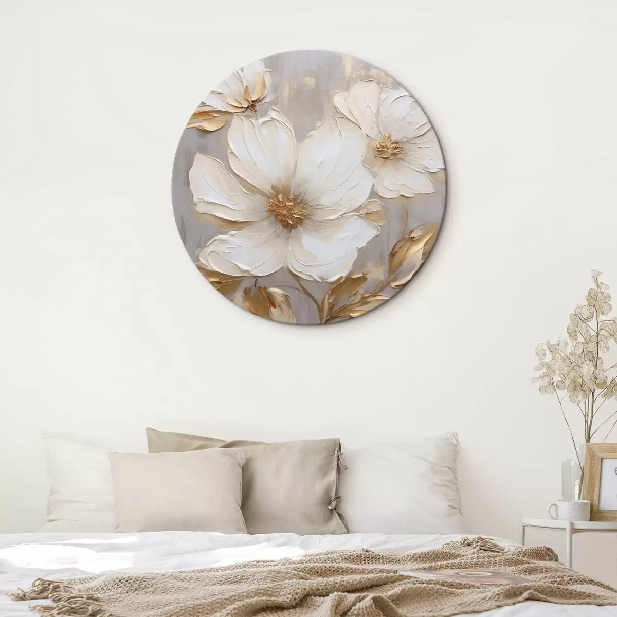 Ronde schilderijen Grote bloemen met textuur en verfstreken in warme kleuren r46176