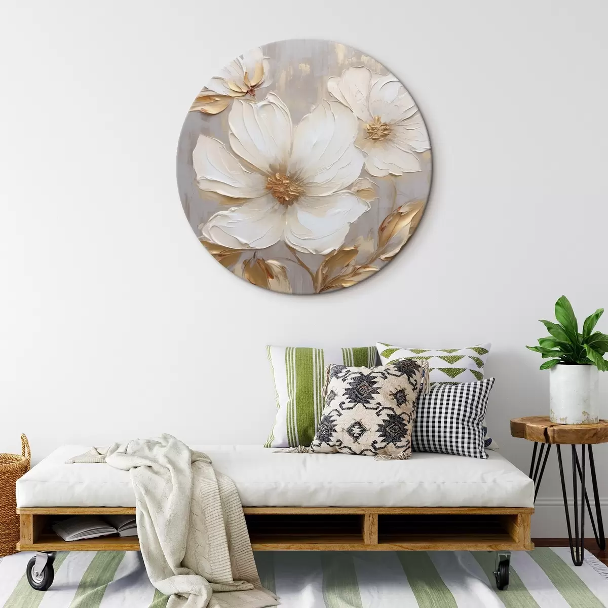 Ronde schilderijen Grote bloemen met textuur en verfstreken in warme kleuren r46176