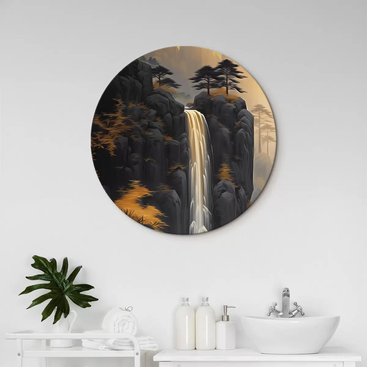 Ronde schilderijen Rotsachtig landschap met een waterval in warme zonsondergangtinten r46177