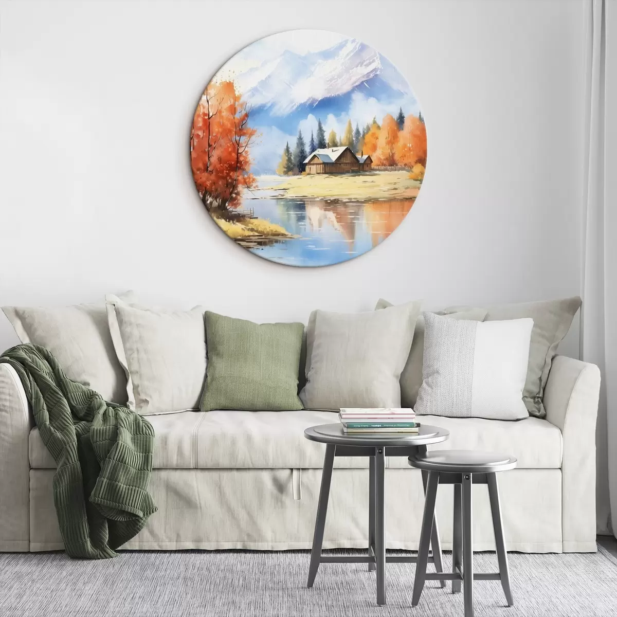 Ronde schilderijen Herfstlandschap aan het meer met een huis en bergen r46184