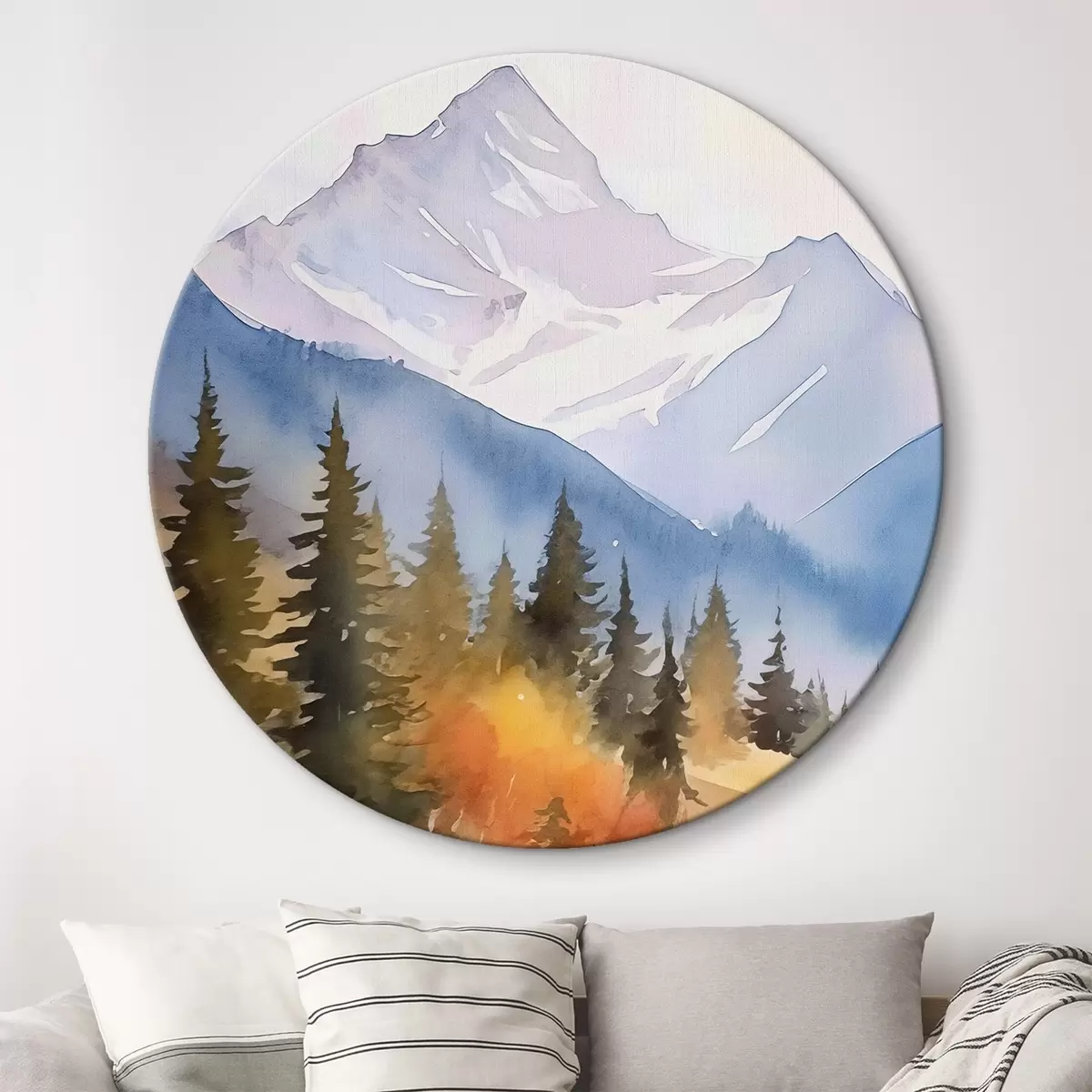 Ronde schilderijen Herfstberglandschap met een rivier en een levendig bos r46187