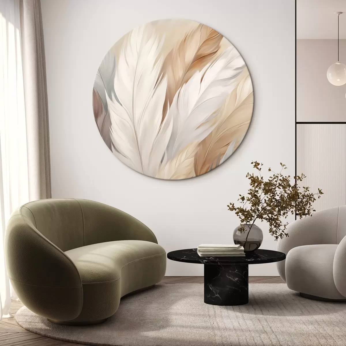 Ronde schilderijen Zachte veren in beige en grijstinten r46190