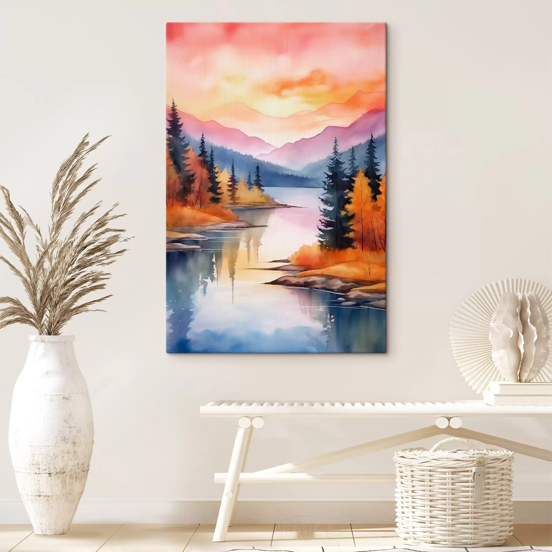  Schilderijen Herfstlandschap aan het meer met een heldere lucht s46155