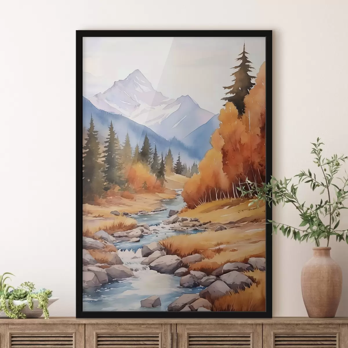 Poster Herfstberglandschap met een rivier en een levendig bos f46187
